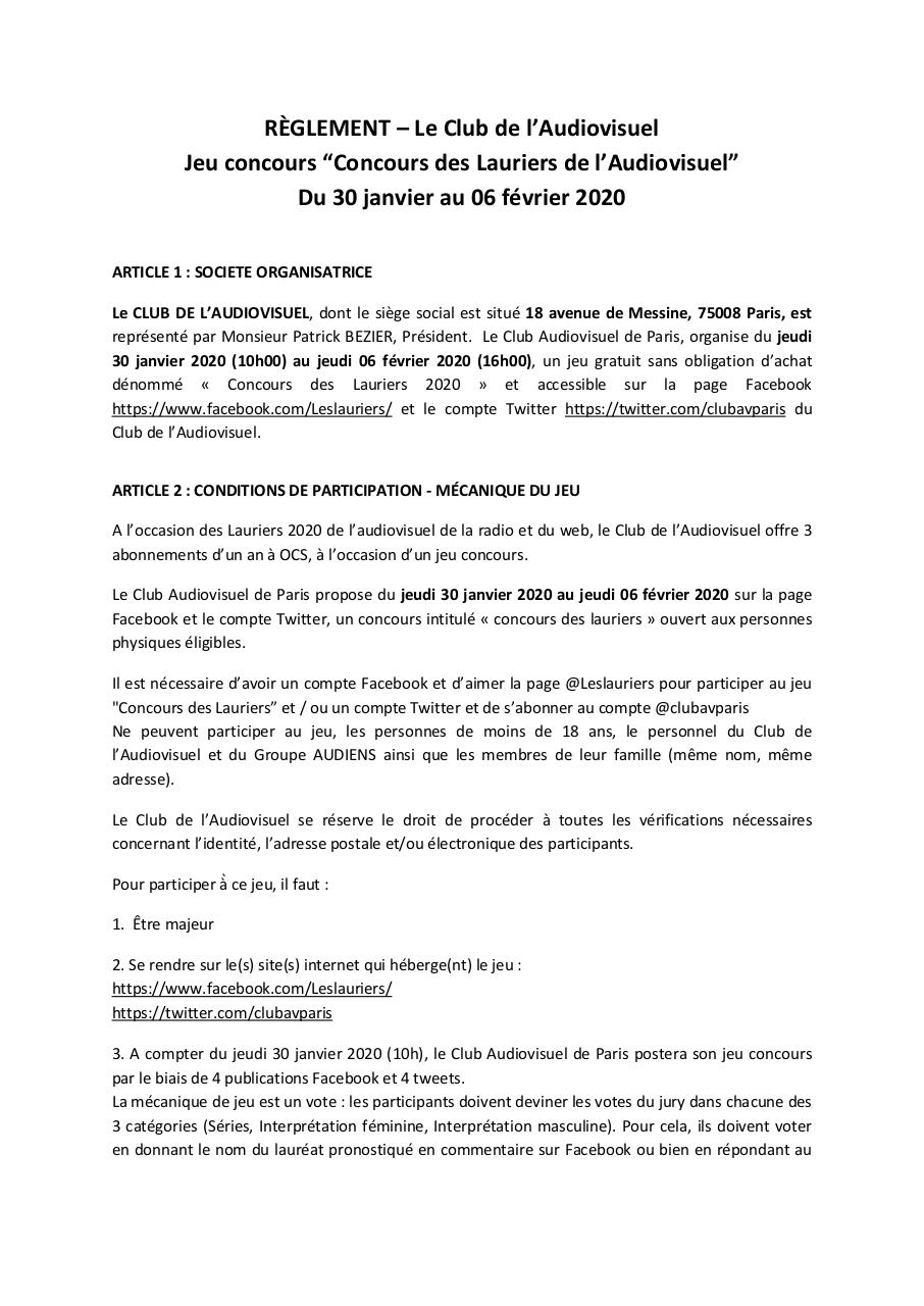 Règlement jeu concours - Lauriers de l'Audiovisuel 2020 .pdf - page 1/5